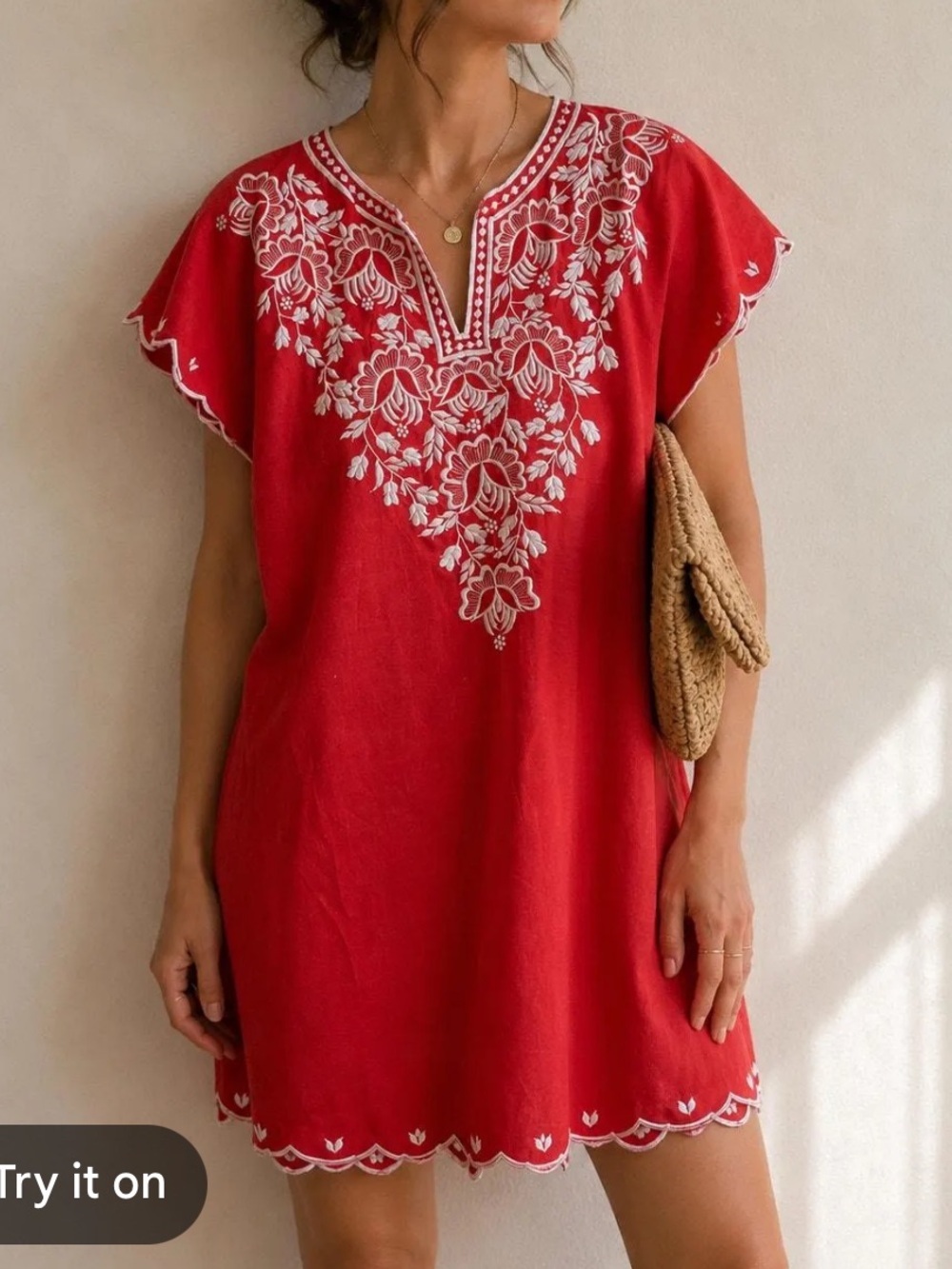Zara Red Linen Mini Dress with White Floral Embroidery